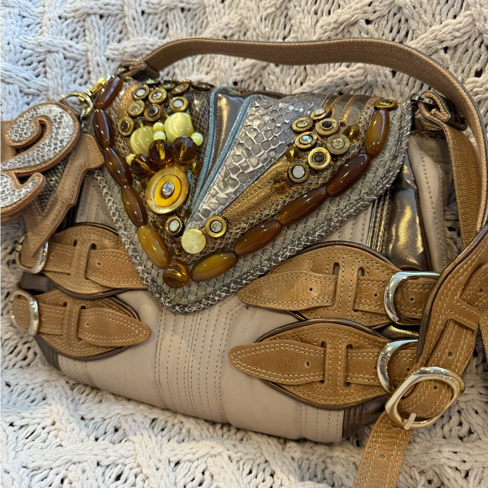 Bracher Emden Buckle Purse Tan Beige Snakeskin Leather Embellished New - Picture 5 of 11